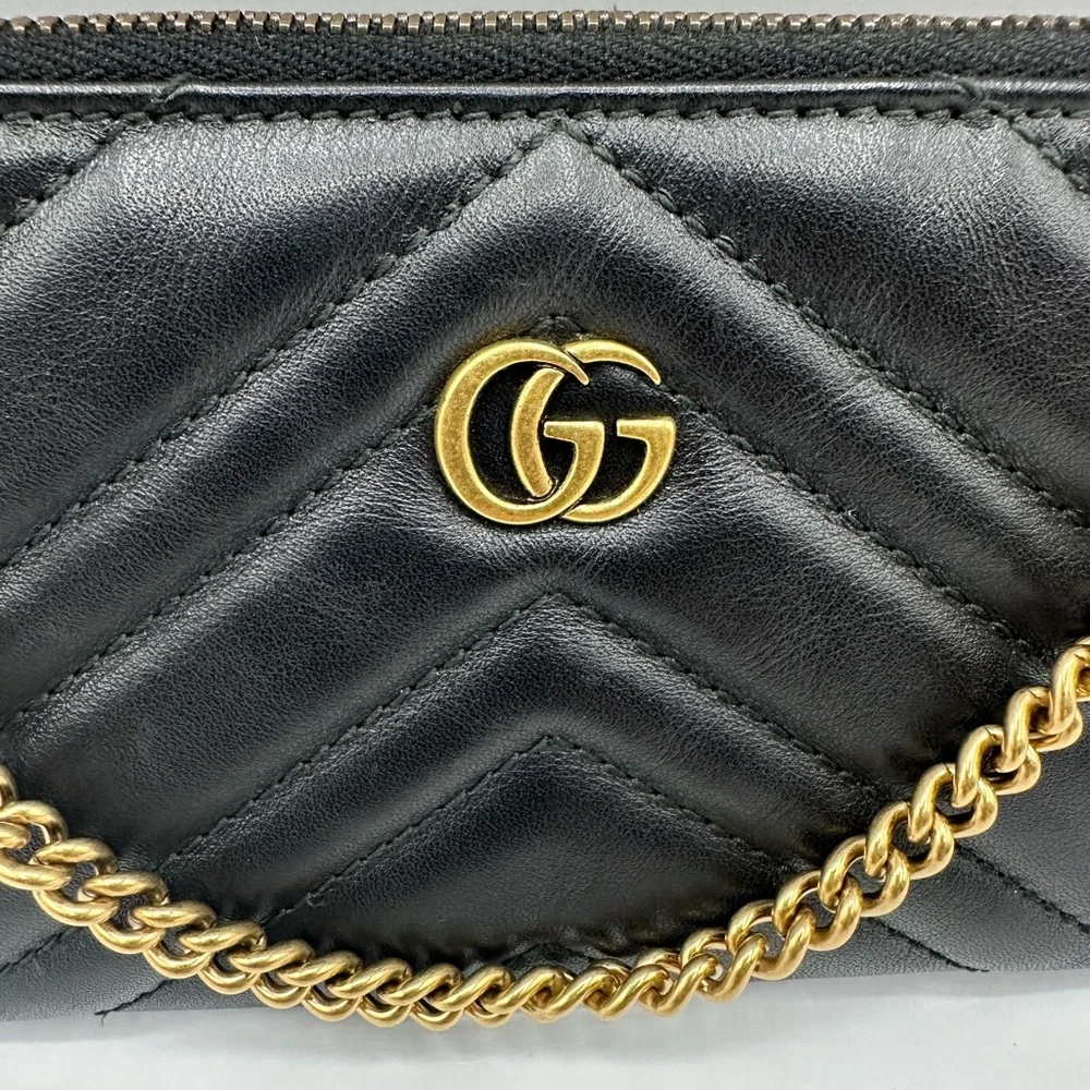 Gucci GG Marmont Matelassé Chain Wristlet Pouch Black Leather Authenticated